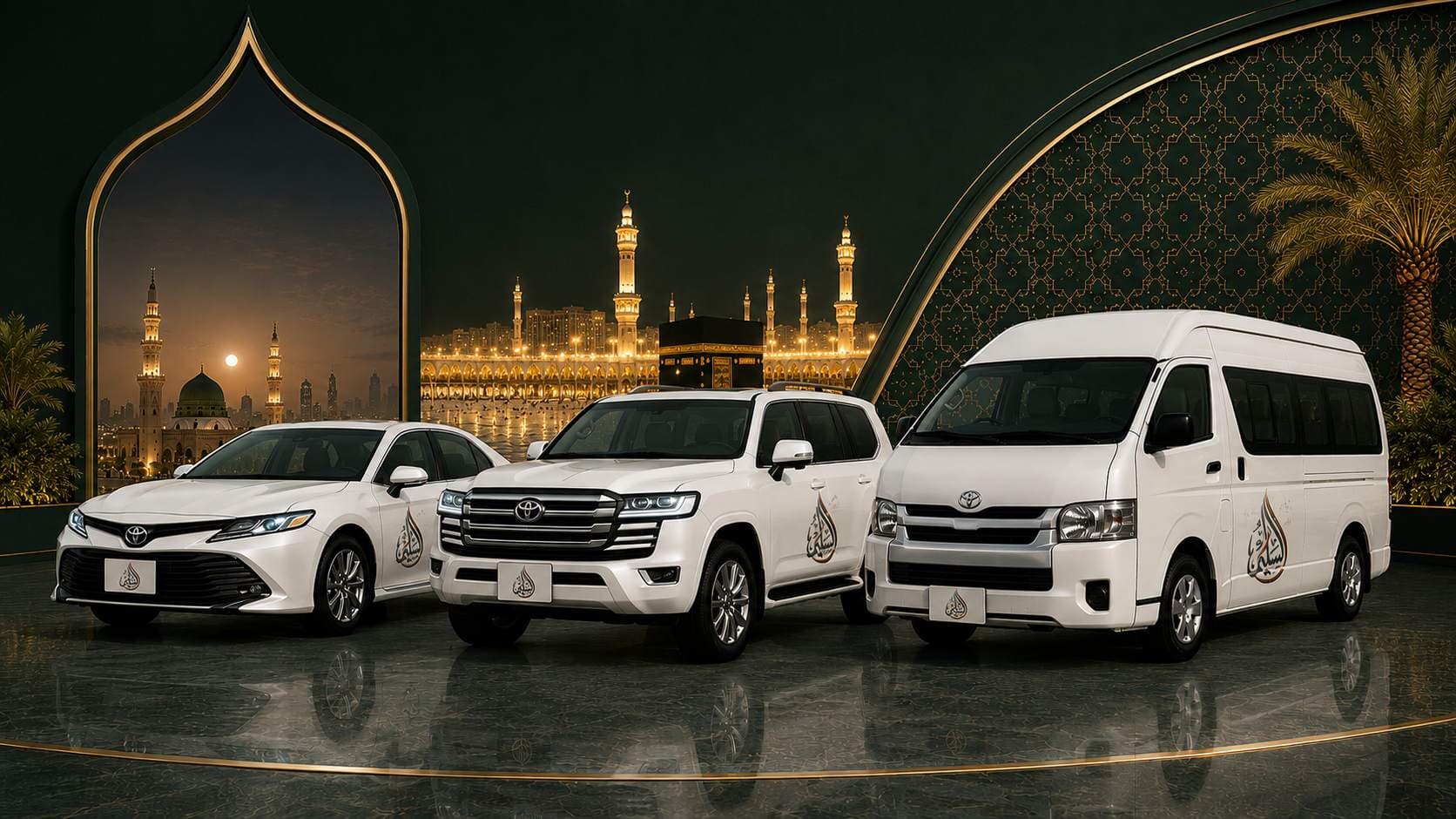 Al-Saleem Transport fleet - sedan, SUV and Hiace van for Ziyarat and airport transfers in Saudi Arabia