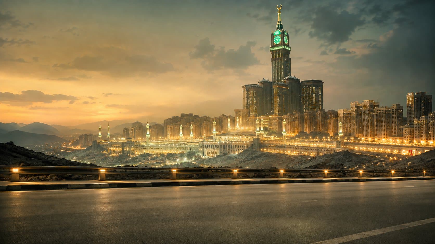 Makkah skyline with the Clock Tower (Abraj Al-Bait) illuminated at dusk